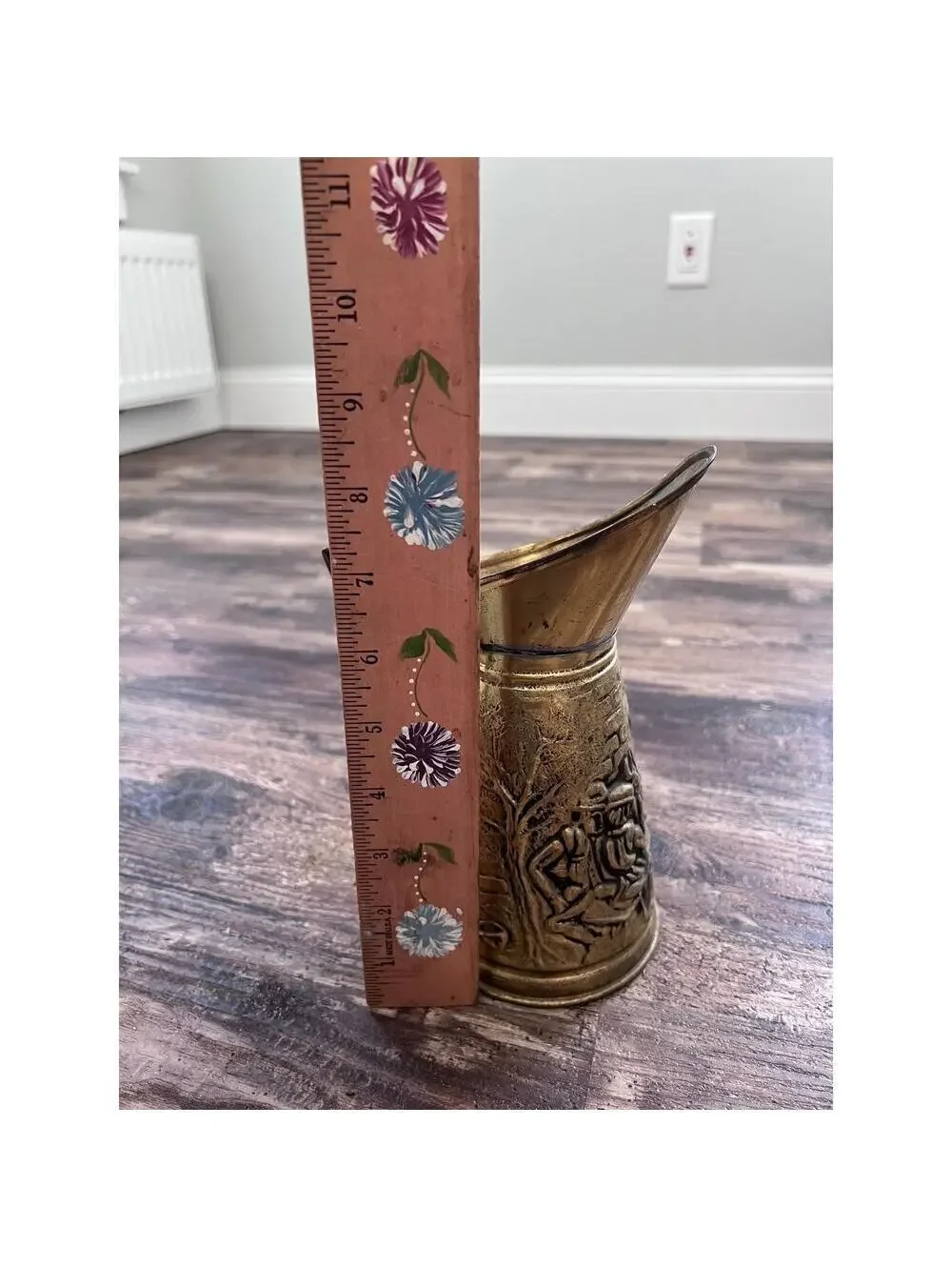Vintage Made in England Brass-Tone Embossed Pitcher | English Pub Scene Jug